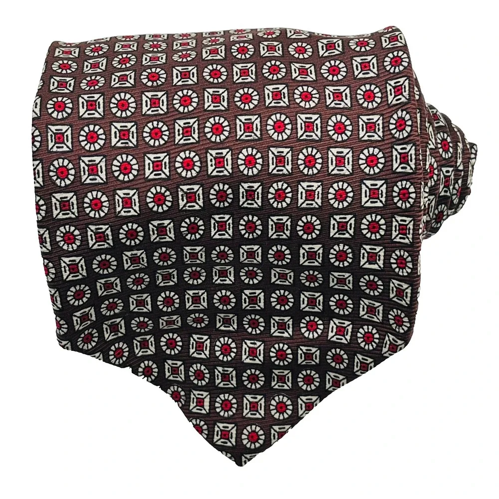 Polo Ralph Lauren Silk Men's Necktie Brown Red Geometric‎ Medallions 55